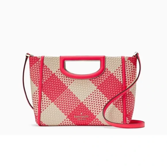 KATE SPADE Pink & White Plaid Gingham Alexia Woven Clutch Crossbody Bag